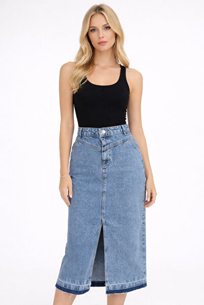 MEGOMEL High Waist Jean Skirt with Front Slit