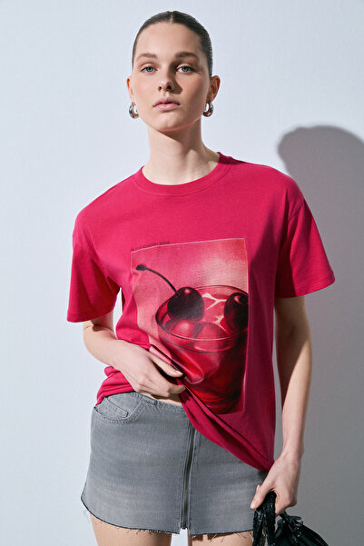 GRIMELANGE Salenna Women's Soft Fabric Print Detailed Regular Fit Fuchsia T-S...