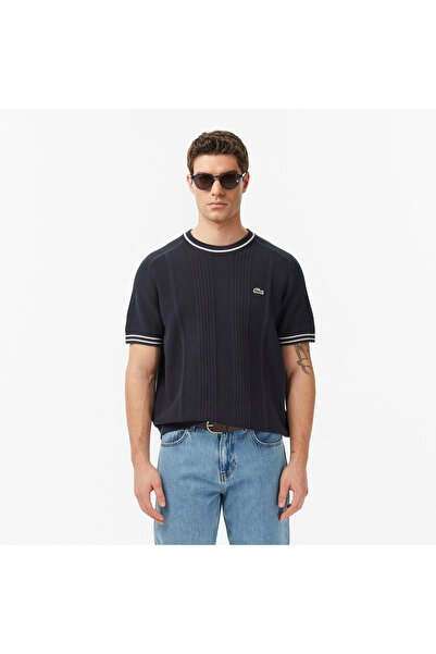 Lacoste Erkek Classic Fit Kısa Kollu Bisiklet Yaka Çizgili Koyu Gri Triko