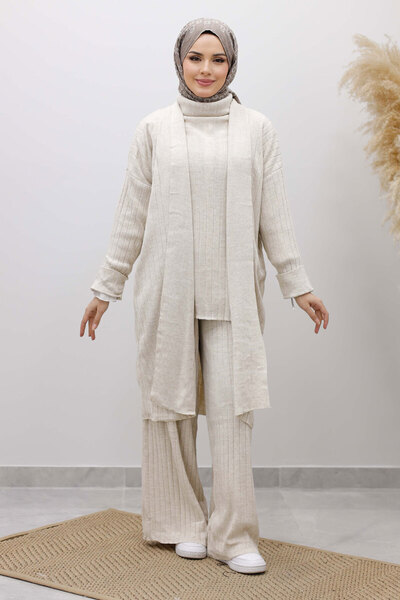 Tesettür Dünyası High-Necked Triple Knitwear Set Tsd260111 Beige