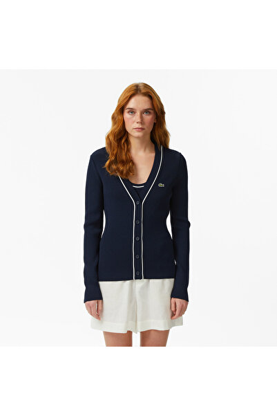 Lacoste Kadın Slim Fit V Yaka Lacivert Bluz