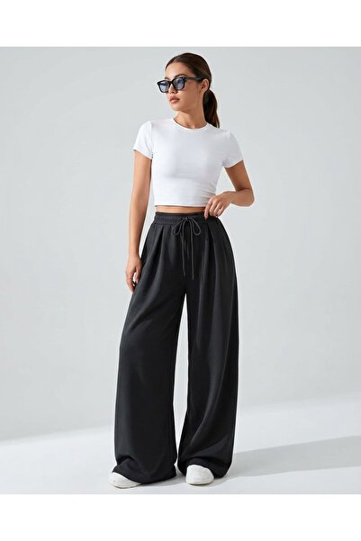 Grenj Fashion Anthracite Lace-Up High Waist Pleated Detailed Wide Leg Knitted...