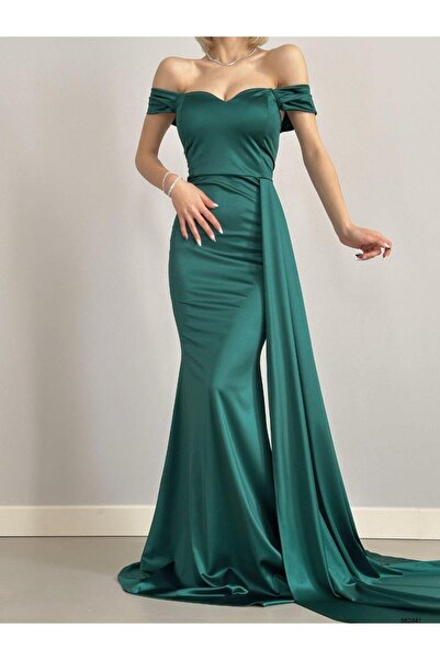 Modafeminen Σατέν υφασμάτινο φόρεμα μάξι με ανοιχτούς ώμους 582441 Σμαραγδί