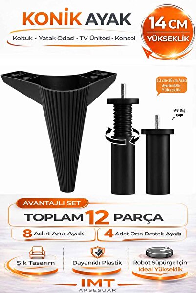 İMT AKSESUAR Konik 14 cm Siyah Mobilya 12 'li Set Robot Süpürgeye Uyumlu Kolt...
