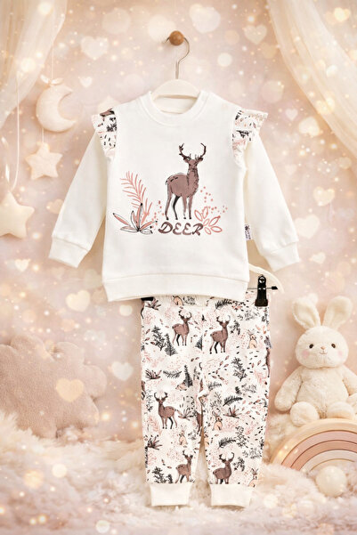 Sozzy Baby Girl Nature Themed Deer Patterned Double Set Soft Cotton Baby Set