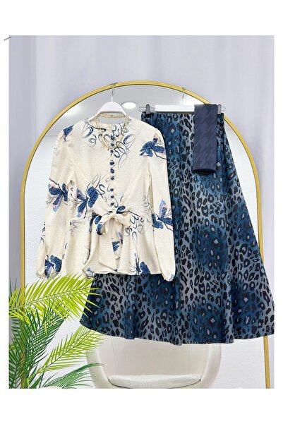 YEDİLALE Leopard Print Satin Blouse and Flawed Skirt Two-Piece Set [Excluding...