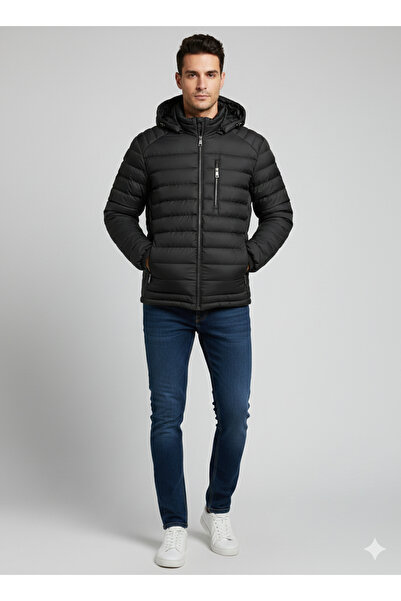 DYNAMO Erkek kapşonlu siyah mont