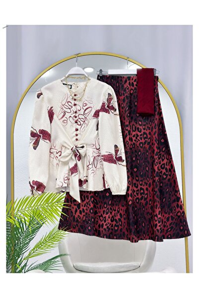 YEDİLALE Leopard Print Satin Blouse and Flawed Skirt Two-Piece Set [Excluding...
