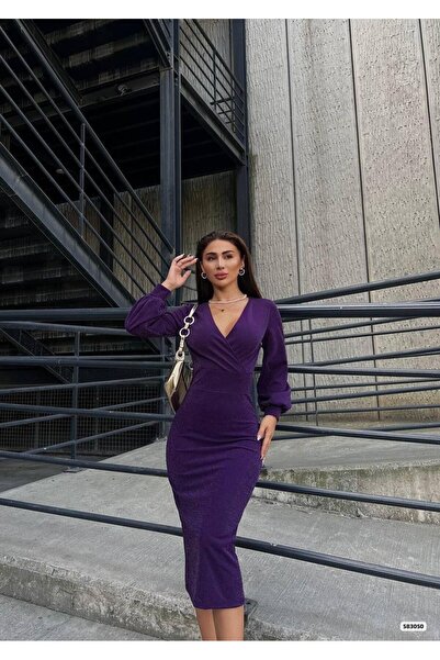 Modafeminen Purple Double-Breasted Collar Midi Dress 583050