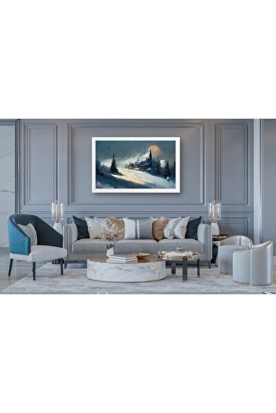 PIM Framed Winter Painting, Snowy Houses and Winter Lights