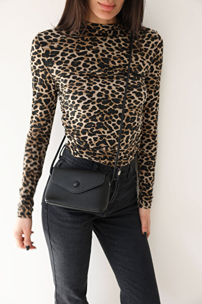 LUTVELIZADE Çanta 2617 - Deri Görünümlü Kapaklı Küçük Siyah Kadın Çanta