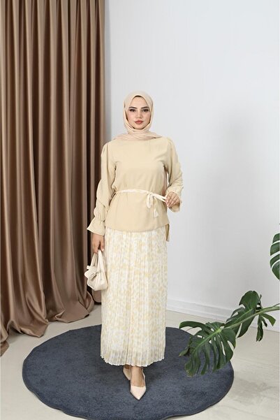 HNT Hayrunnisa Tesettür Leopar Desenli Piliseli Etekli Kuşak Detaylı İkili Ta...