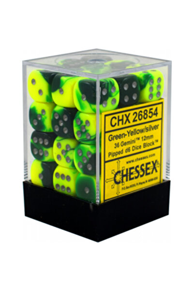 Chessex Zaruri Gemini 12mm d6 cu sâmburi (36 de zaruri) - Verde-Galben cu arg...