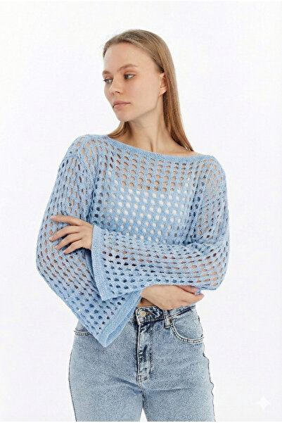 MA ananas Women's Openwork Short Baby Blue Crop Blouse