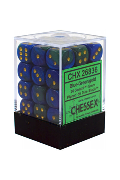 Chessex Zaruri Gemini 12mm d6 cu puncte (36 de zaruri) - Albastru-Verde cu Aur