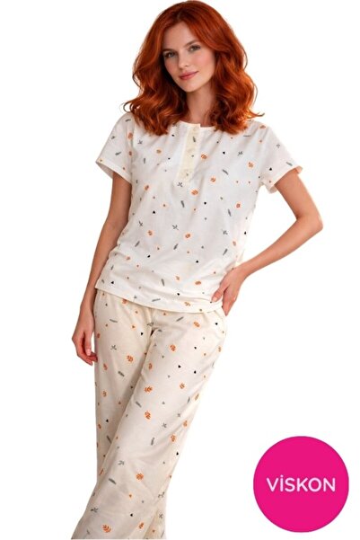 seamlife Women's Patterned Button Crew Neck Short Sleeve Pajama Set- Slim Fit...