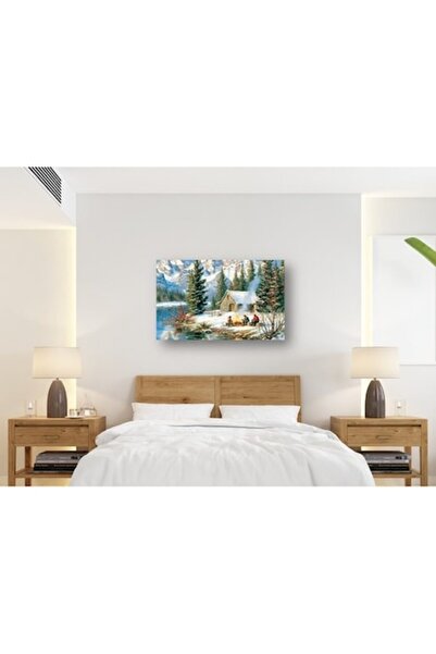 PIM Pictură pe pânză de iarnă, cabană în munți și foc de tabără