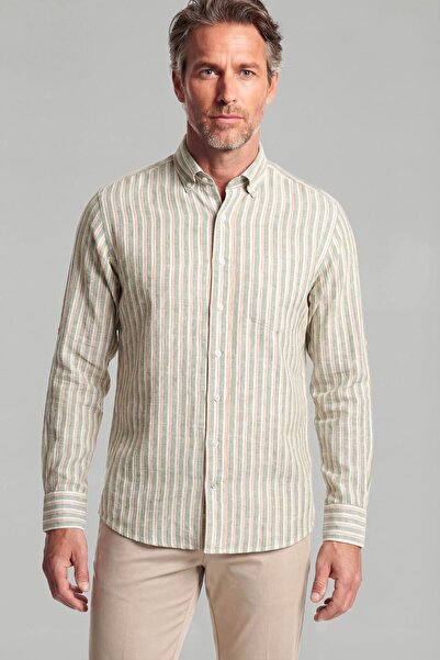 Bisse Regular Fit Pasha Collar Cotton Linen Green Men's Shirt