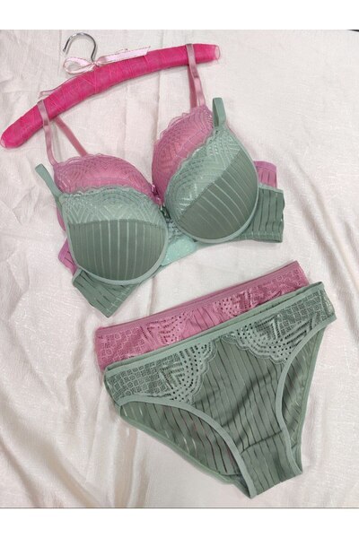 Love Angels Women's Striped Lace Detailed Push-Up Padded Bra Panty Set