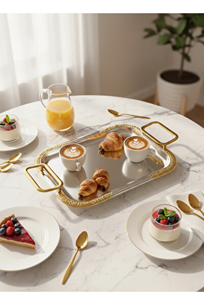 Living Rectangular Serving Tray – 32 * 25 cm, Metal with Elegant Gold Detaili...