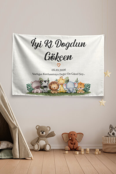 Vagonik Kişiye Özel Safari Temalı Doğum Günü Happy Birthday Duvar Örtüsü Duva...