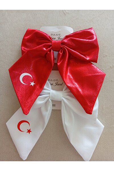 Pervin Ablacım Red and White Bow with a Crescent and Star for Girls