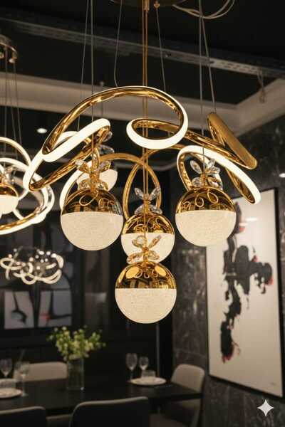 Bohem Aydınlatma Gold 4'Lü Palmiye Desen Modern Avize 3 Renk LED Modern Avize