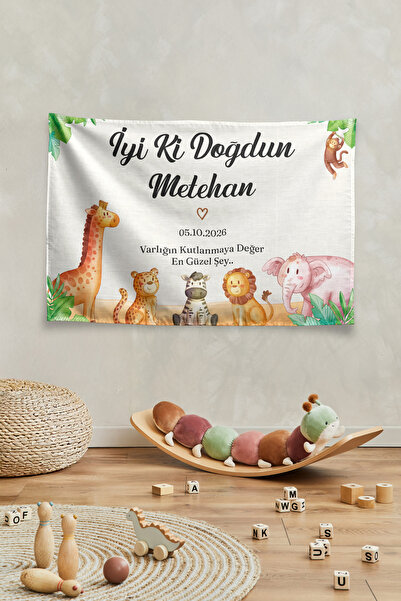 Vagonik Kişiye Özel Safari Temalı Doğum Günü Happy Birthday Duvar Örtüsü Duva...
