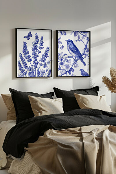 STARYUNA Black Wooden Framed Blue Lavender and Bird Patterned Double Painting...