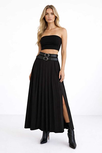 kikiriktekstil 10939 Women's Double Belt Layer Side Slit Detailed Pleated Max...