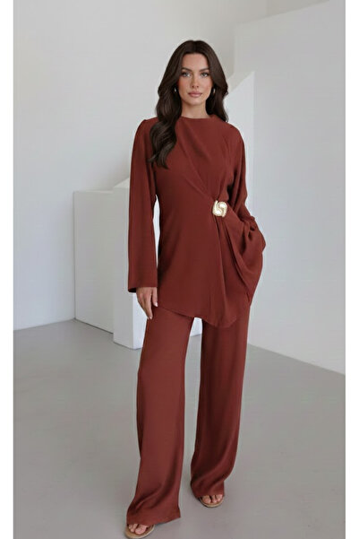 My Blog Tile Gold Brooch Blouse Pants Set - 8759