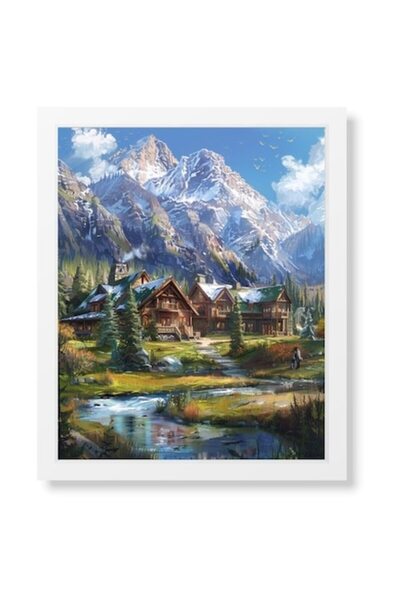PIM Tablou înrămat de iarnă, Cabană la poalele muntelui, decor de perete, ram...