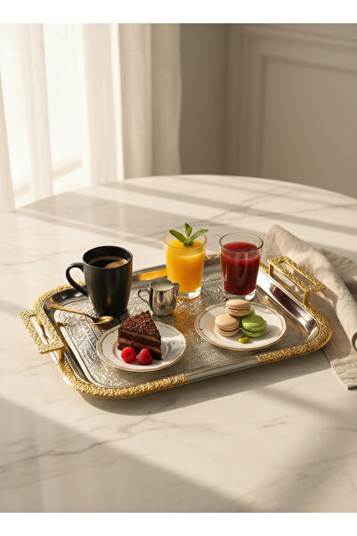 Living Metal Serving Tray (39 × 30 cm) with Modern Design and Gold & Silver D...