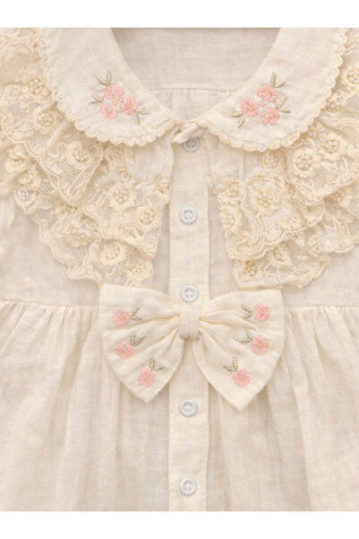Kardeşler Bebe Lace Detail Bow-Detail Baby Girl 3-Piece Summer Cotton Dress Shorts & Bandana Set