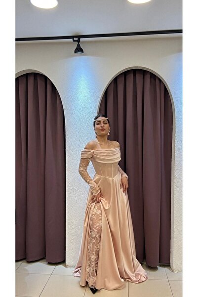 SUNAYBUTİK PUDRA PEMBESİ KORSE YIRTMAÇLI ABİYE