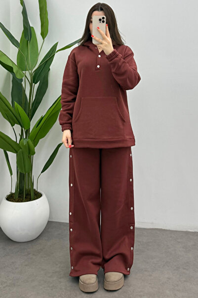 Bipantolon Women's Tile Patterned Snap Detailed Soft Sweatshirt Set