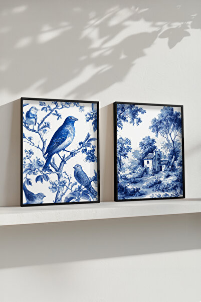 STARYUNA Black Wooden Framed Double Painting Set with Blue Bird and Village V...