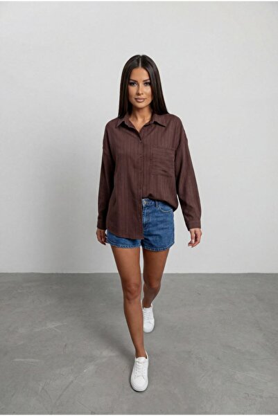 LE CARAMBOLE Women's Brown Striped Shirt with Pocket Detail