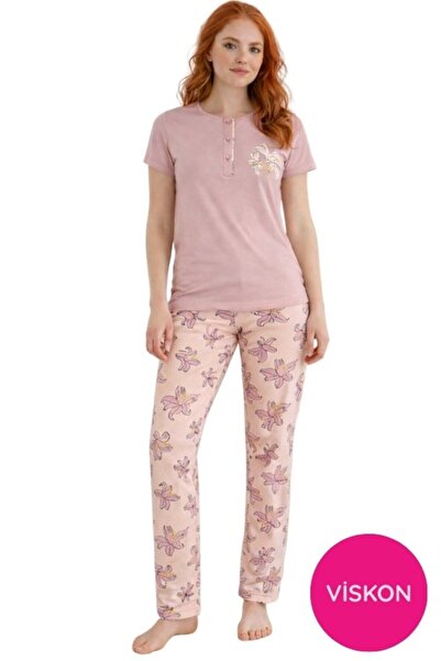 seamlife Women's Patterned Button Crew Neck Short Sleeve Pajama Set- Slim Fit...