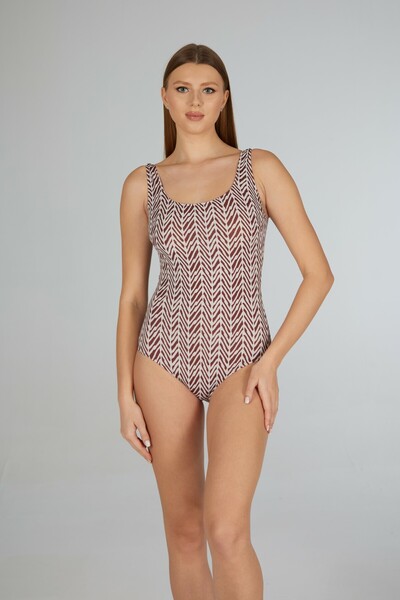 Estiva Women's Stripe Patterned Brown U-Neck Printed Oversize One Piece Swimsuit
