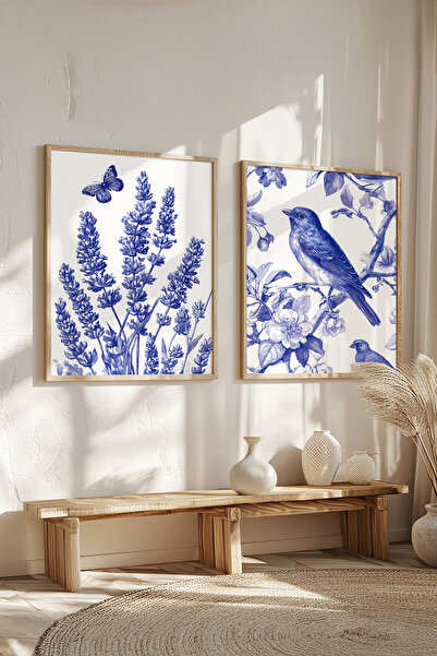 STARYUNA Wooden Framed Blue Lavender and Bird Patterned Double Painting Set Y...