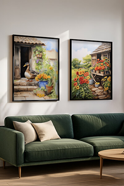 STARYUNA Black Wooden Framed Country House and Flower Garden Double Painting ...