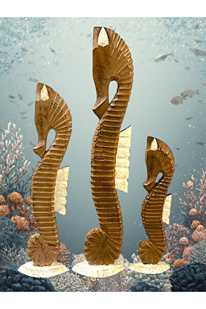 BARC Dekoratif Ahşap Deniz Atı 3'lü El İşçiliği 100-80-60 cm Kahverengi