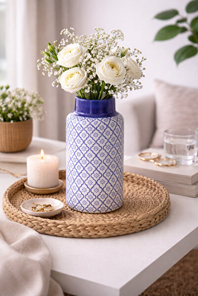 N.zone A ceramic vase decorated with a blue geometric pattern – an elegant An...