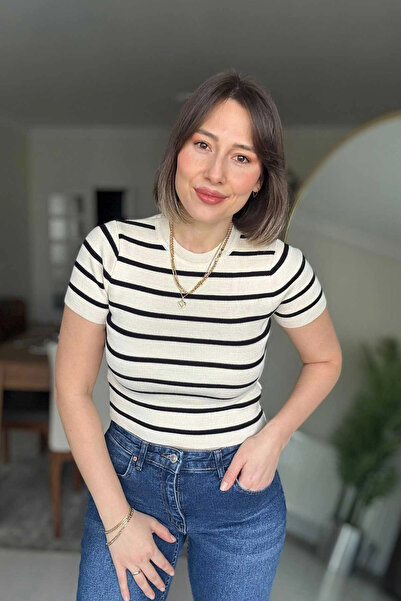 Kubos Moda Short Sleeve Striped White Knitwear Sweater