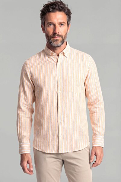 Bisse Regular Fit Pasha Collar Single Pocket Cotton Linen Mustard Men's Shirt