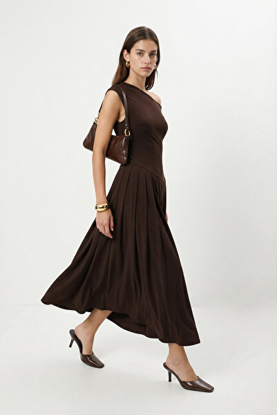 Ritnice Women's Daria Asymmetrical Collar Brown Long Woven Dress