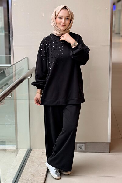 Nuss Omuzu Serpme Taşlı Tunik Pantolon Takım