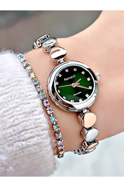 Ferrucci YEŞİL KADRANLI TAŞ RAKAMLI ROSE GÜMÜŞ METAL KADIN KOL SAATİ