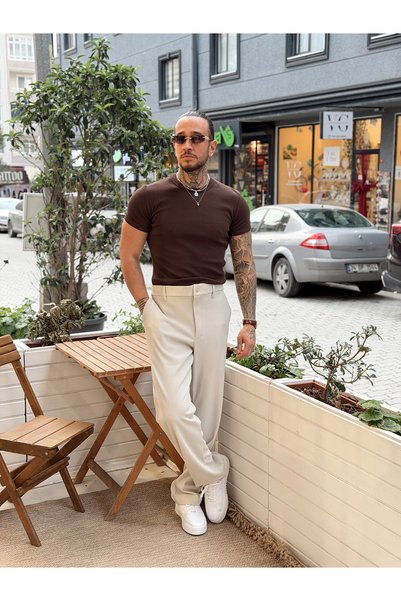 manch collection Basic Fitilli Slim Kalıp T-Shirt kahverengi